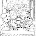 Мышка с лягушкой пьют чай в теремке - раскраска №405