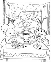 Мышка с лягушкой пьют чай в теремке - раскраска					№405