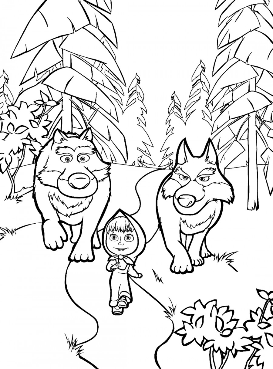 Маша и волки идут по тропинке - раскраска №414