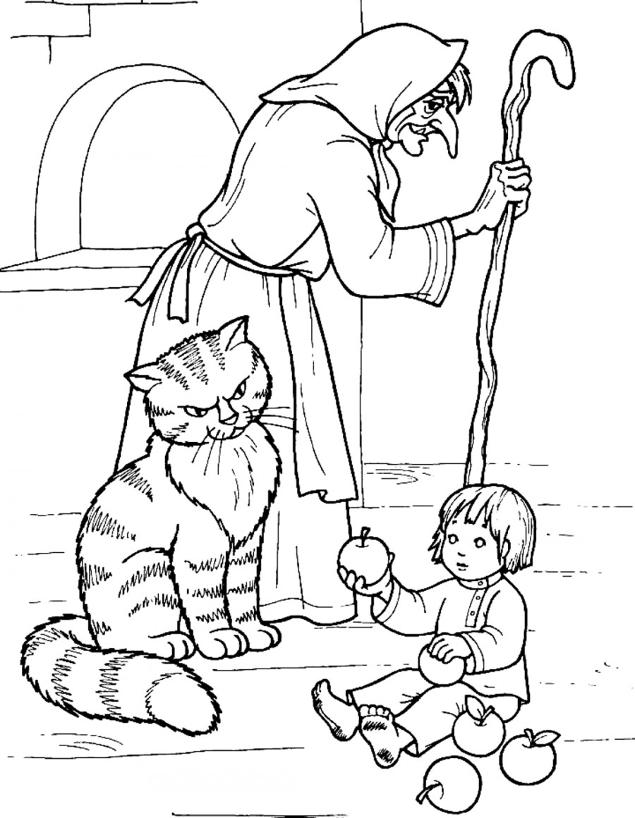 Мальчик у Бабы Яги охраняемый котом - раскраска №481