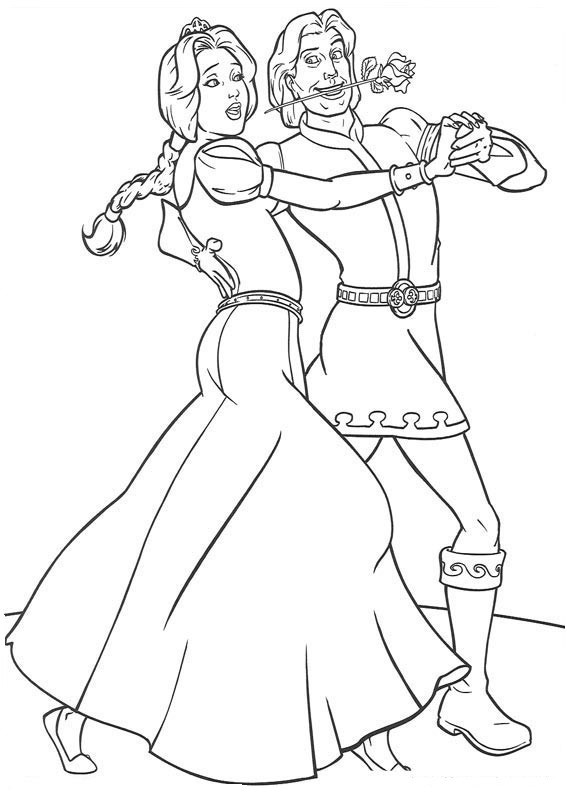 Принцесса Фиона и принц Чаминг танцуют - раскраска №870