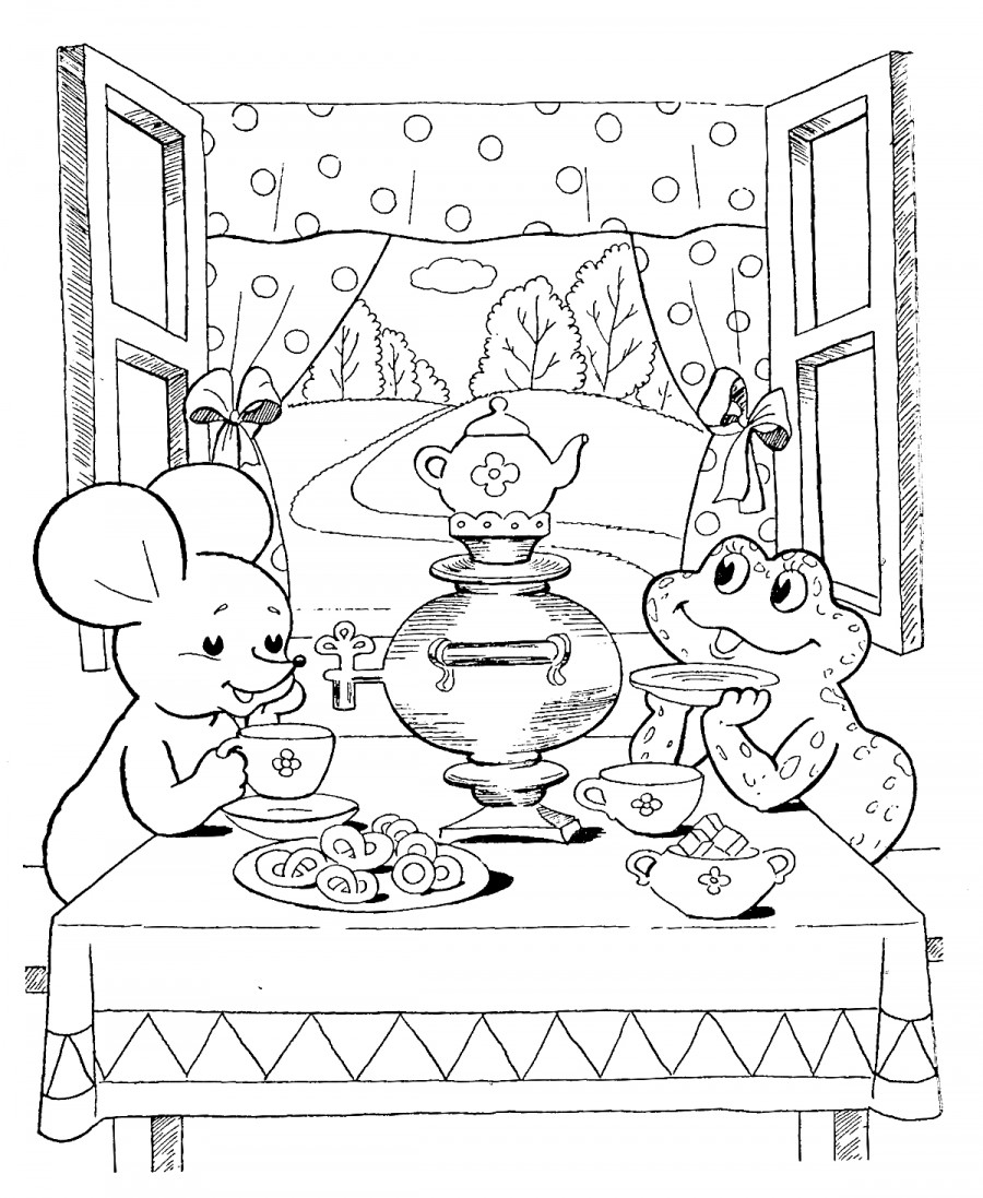 Мыша с жабой у самовара - раскраска №983