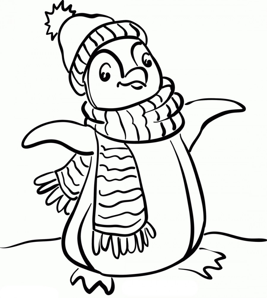 Пингвин в шарфике и  шапке - раскраска №2294