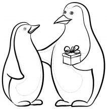 Пингвин дарит подарок другому пингвину - раскраска					№12803