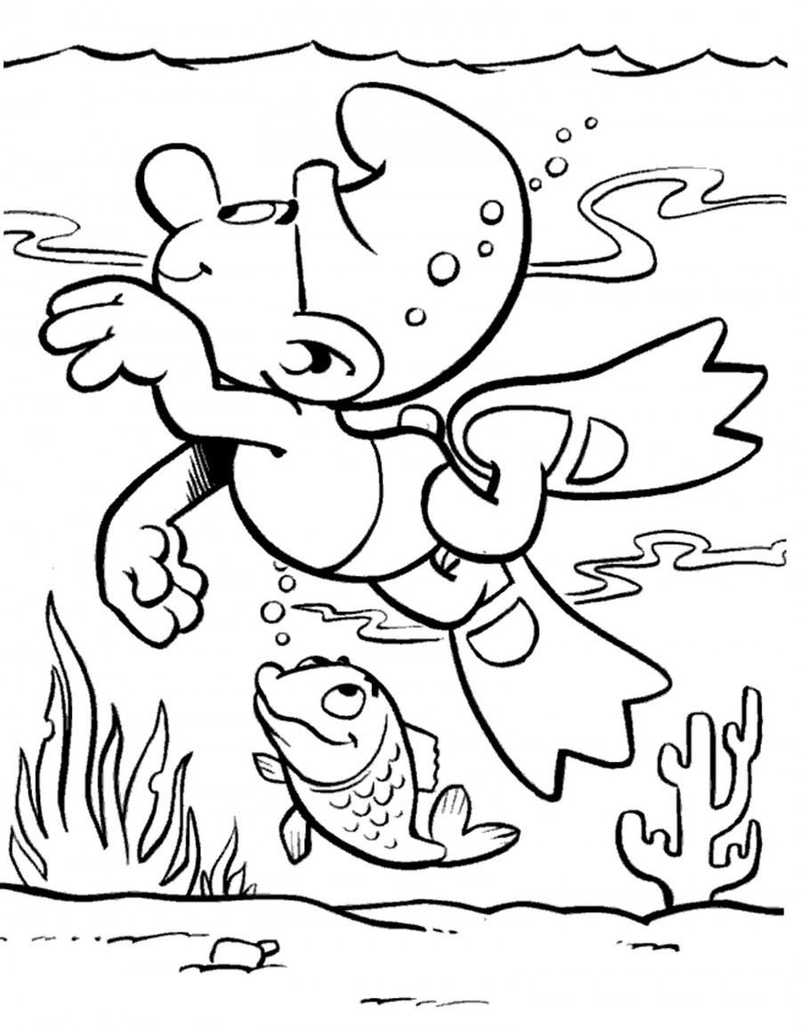 Смурфик плавает под водой - раскраска №10584