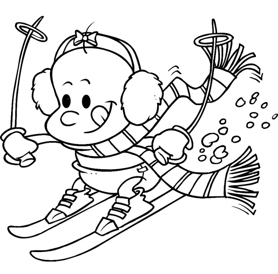 Обезьянка на лыжах - раскраска №9472