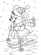 Мышка на лыжах - раскраска					№12123