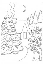 Зимний пейзаж и домик в лесу - раскраска					№13525