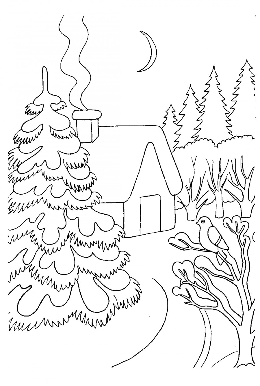Зимний пейзаж и домик в лесу - раскраска №13525