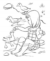 Девочка кормит птиц - раскраска					№13652
