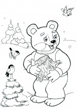 Зима в лесу и медведь - раскраска					№3042