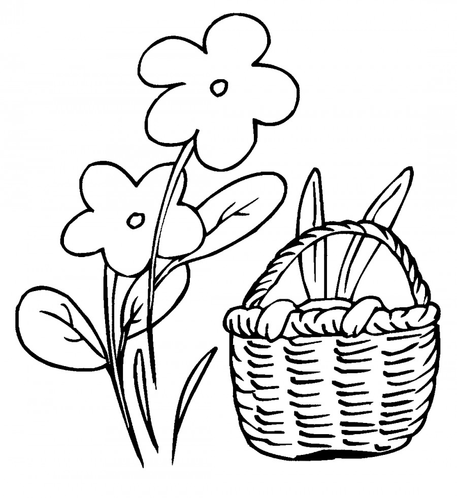 Весенние цветы и кролик в корзинке - раскраска №11247