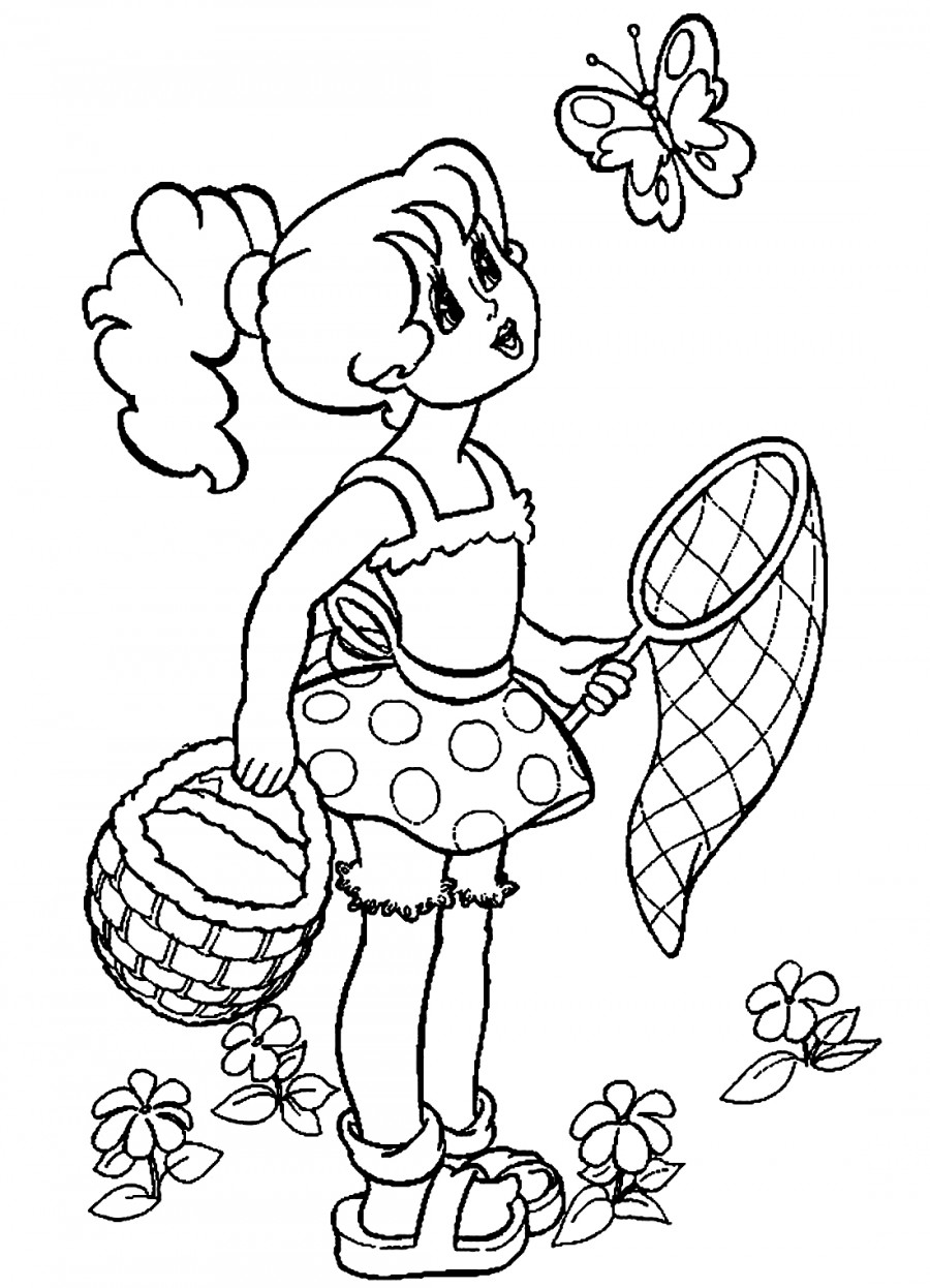 Девочка ловит бабочек - раскраска №10198