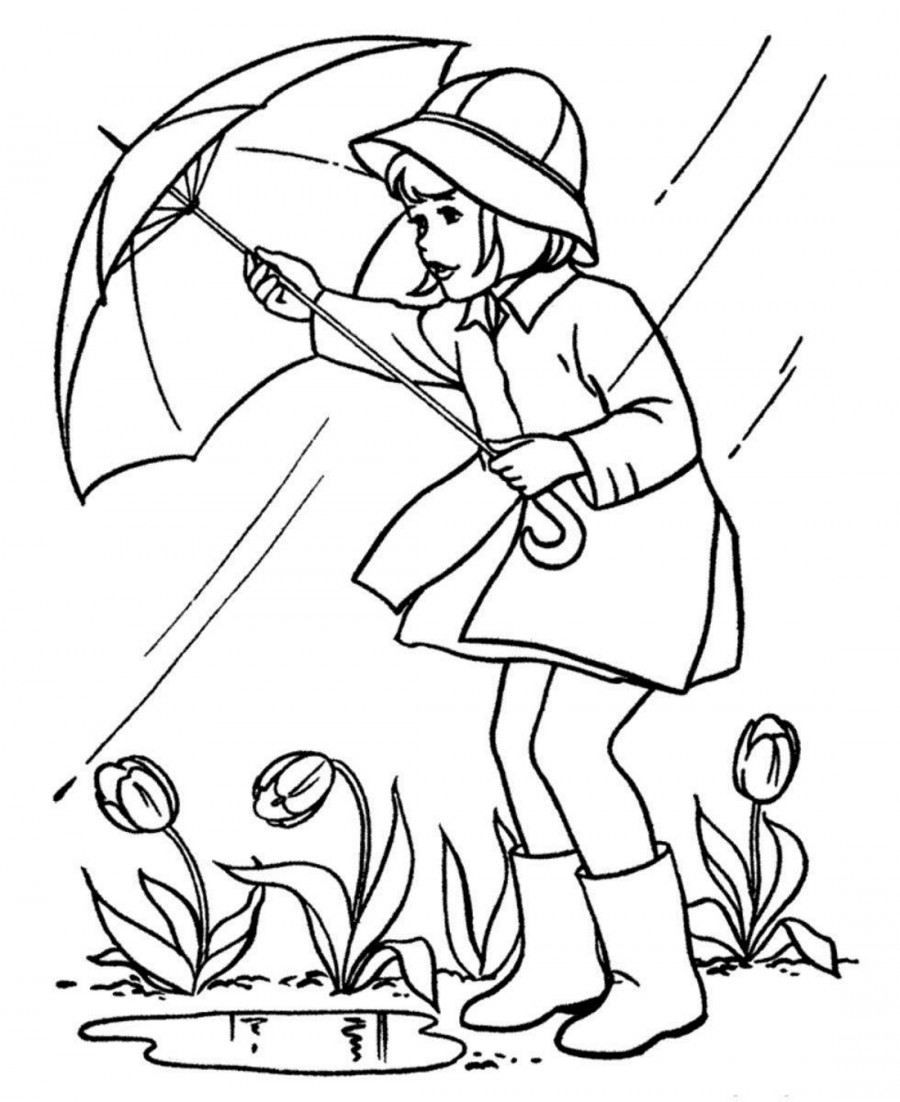 Весенний дождь и девочка в галошах - раскраска №14308