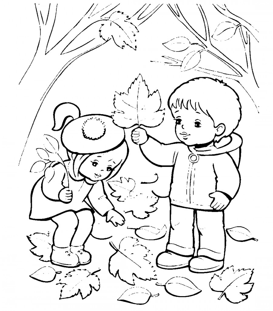 Дети осенью в саду - раскраска №13591