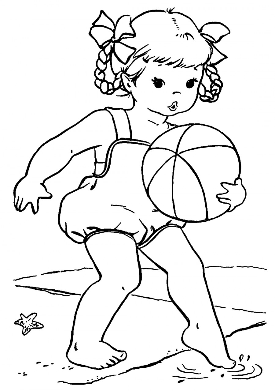 Девочка с мячиком у воды - раскраска №11824