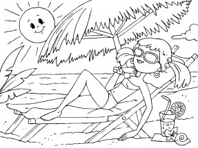 Девушка отдыхает на пляже - раскраска					№13761
