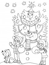 Дети со снеговиком под елкой - раскраска					№4105