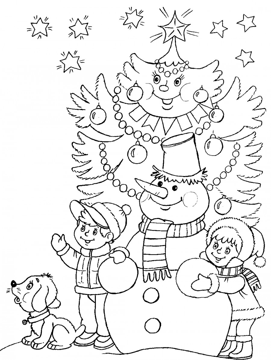 Дети со снеговиком под елкой - раскраска №4105