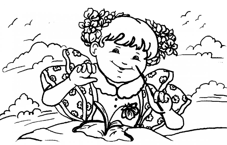 Девочка и весенний цветочек - раскраска №11332