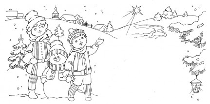 Дети снеговик и звезда - раскраска					№10682