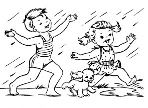 Дети и собака под дождиком - раскраска					№14062