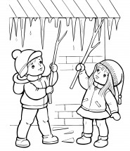 Дети сбивают сосульки зимой - раскраска					№12224