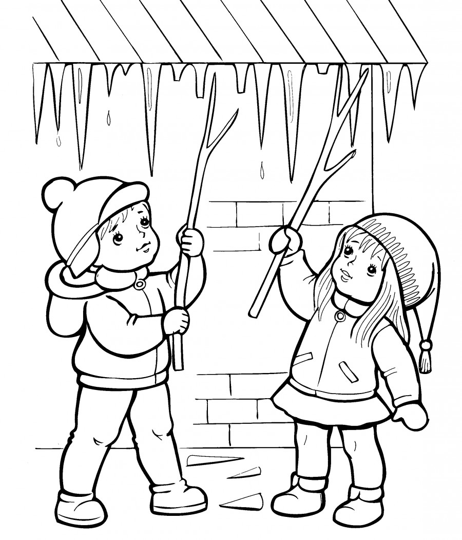 Дети сбивают сосульки зимой - раскраска №12224