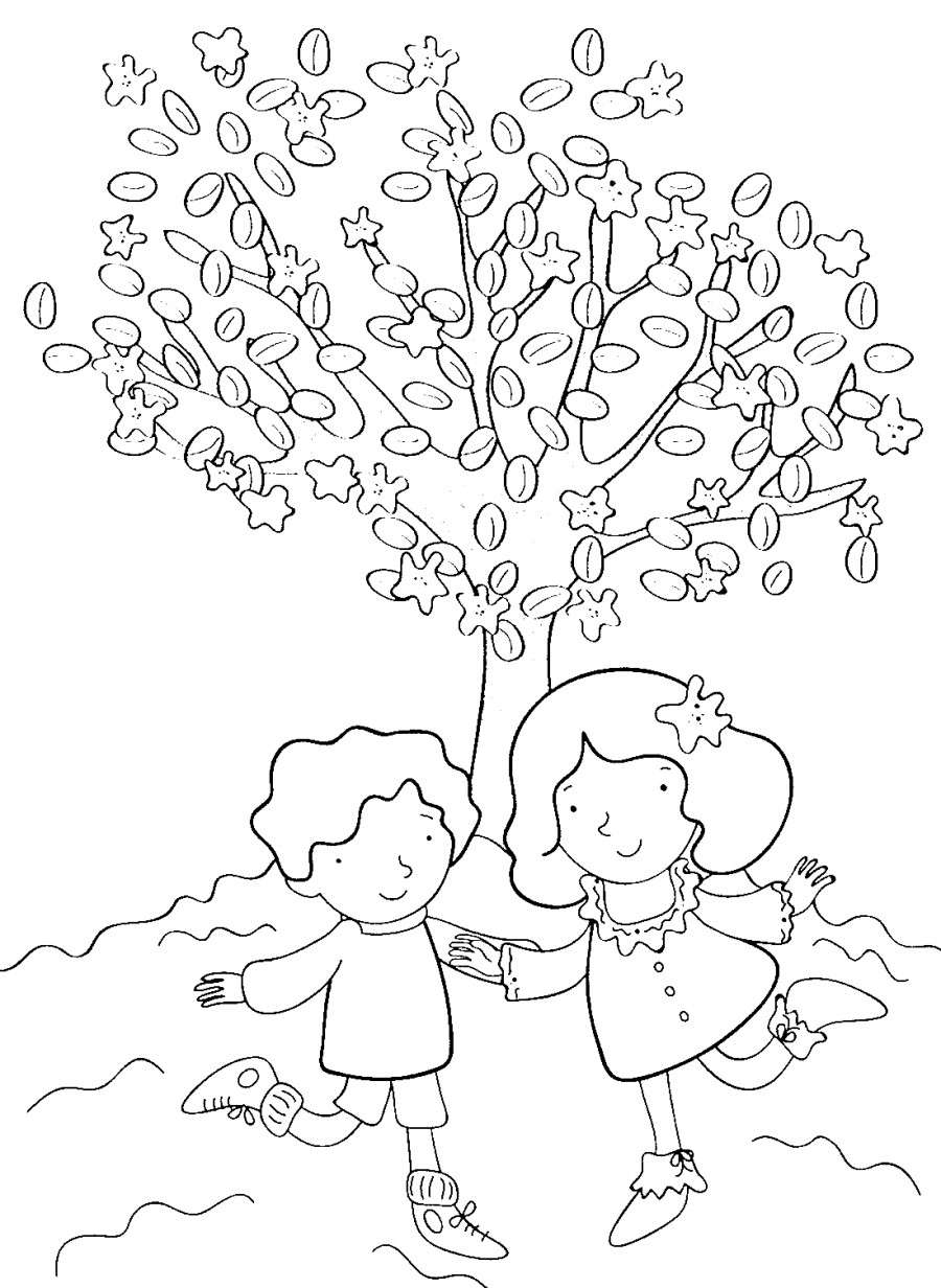 Дети под весенним деревом - раскраска №12885