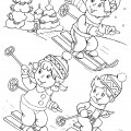 Дети на лыжах - раскраска №14273