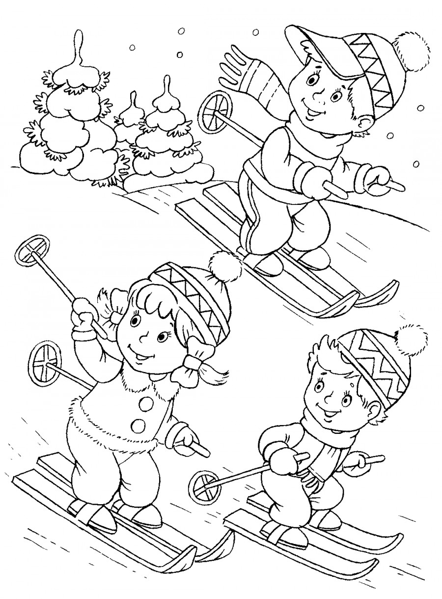 Дети на лыжах - раскраска №14273
