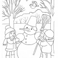 Дети лепят снеговика зимой - раскраска №5349
