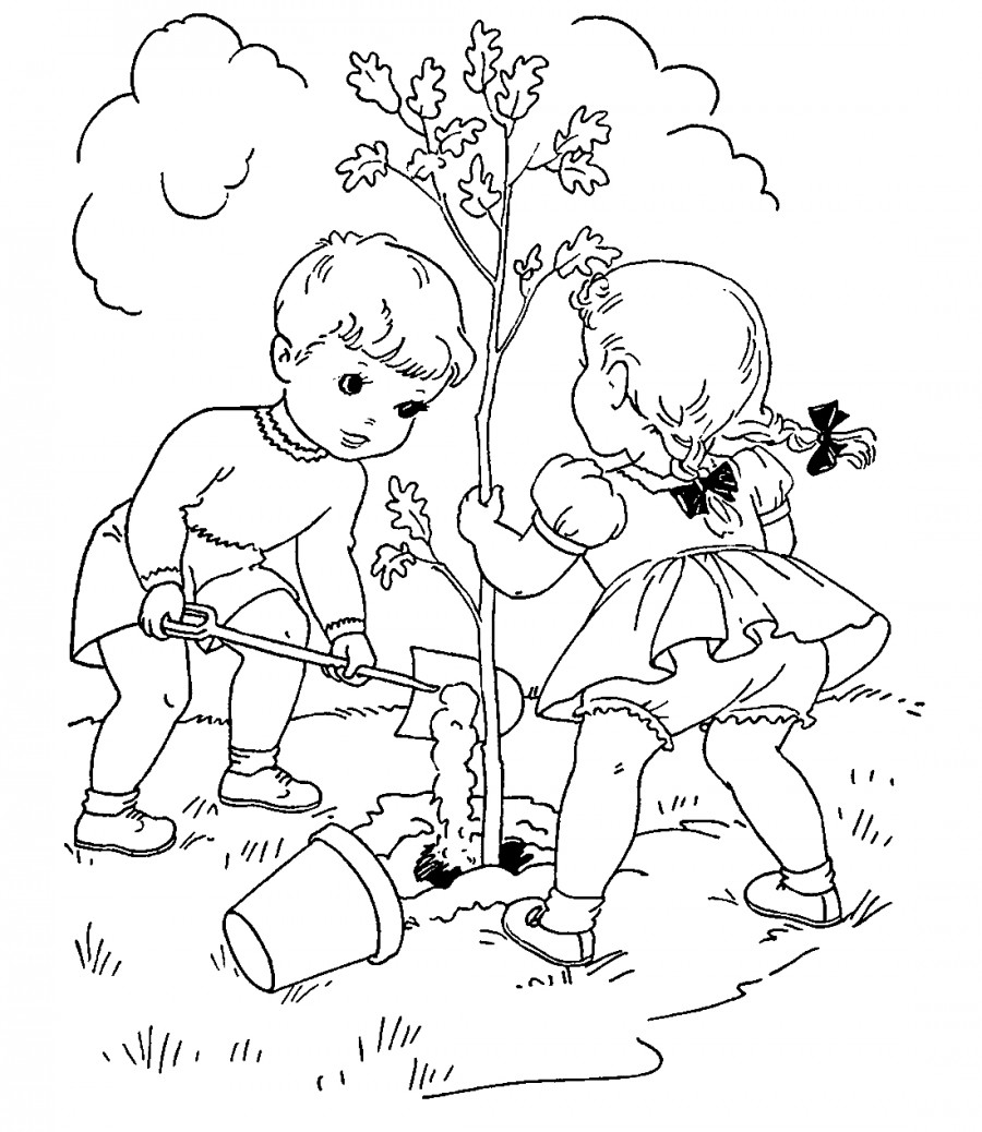 Дети садят дерево - раскраска №4150