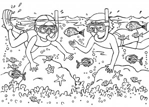 Дети ныряют под воду - раскраска					№14154