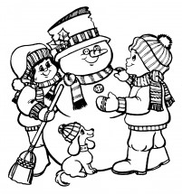 Дети и снеговичок - раскраска					№13995