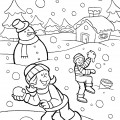 Дети и снеговик зимой - раскраска №4047