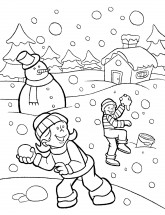 Дети и снеговик зимой - раскраска					№4047