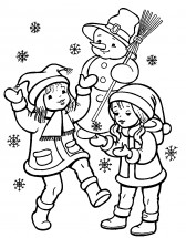 Девочки и снеговик - раскраска					№12740
