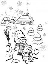 Два снеговичка и домики в снегу - раскраска					№2796
