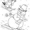 Снеговик и енот на лыжах - раскраска №11733
