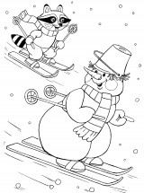 Снеговик и енот на лыжах - раскраска					№11733