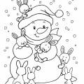 Снеговик и зайки - раскраска №9891