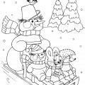 Снеговик катает на санках лесных обитателей - раскраска №12306