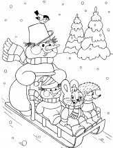 Снеговик катает на санках лесных обитателей - раскраска					№12306
