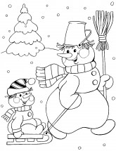 Снеговик катает снеговенка - раскраска					№11499