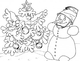 Снеговик у елочки - раскраска					№4021