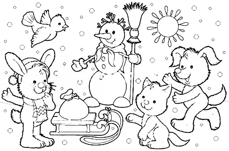 Снеговичок и звери - раскраска №12369