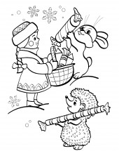 Снегурочка кормит зверей конфетами - раскраска					№4004