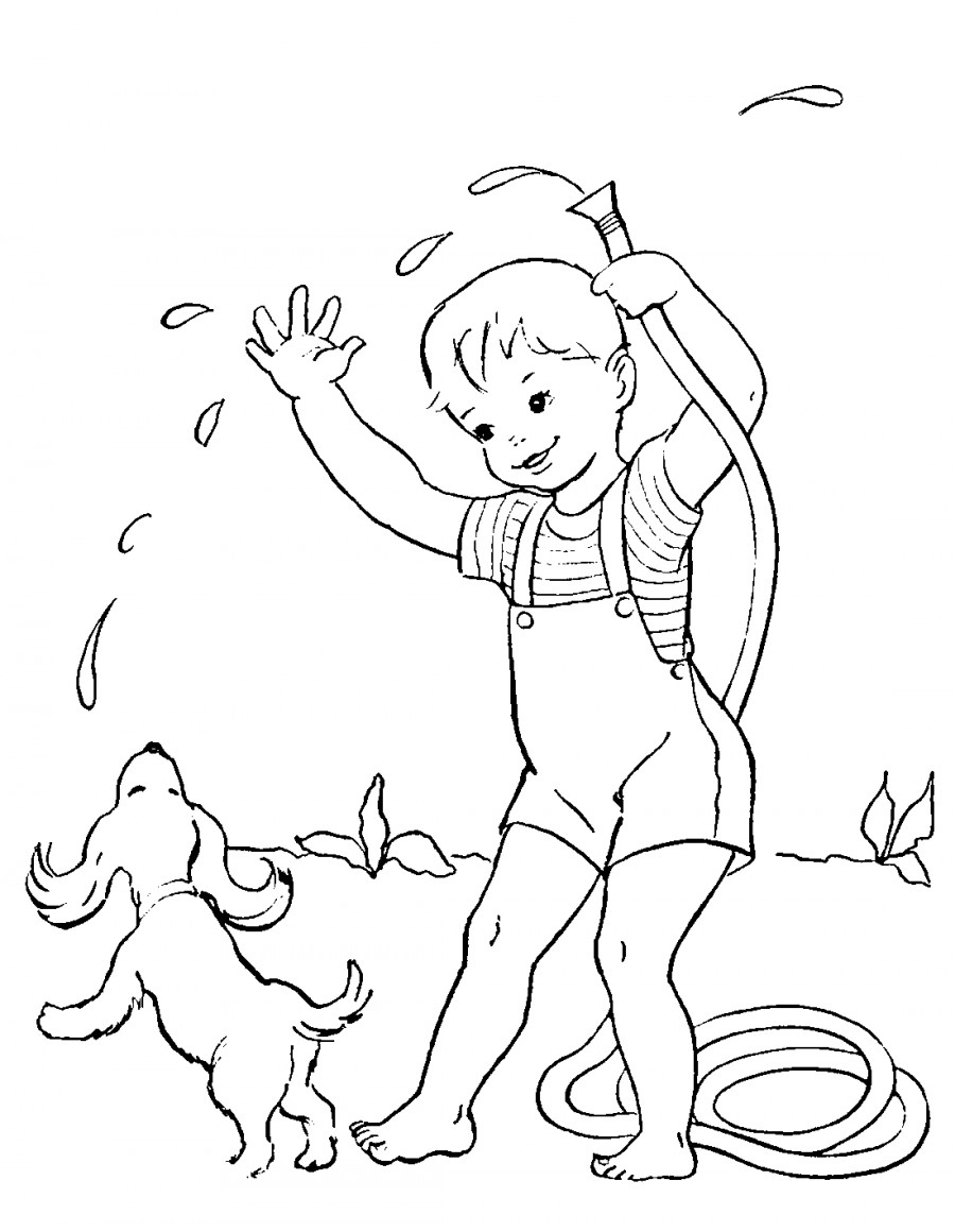 Ребенок поливает собаку из шланга - раскраска №13485