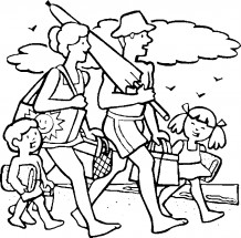 Семья идет на пляж - раскраска					№14037